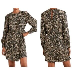 NEW Boden Floral Paisley Wrap Skirt Long Sleeve Mini Dress Size 10L Medium Brown